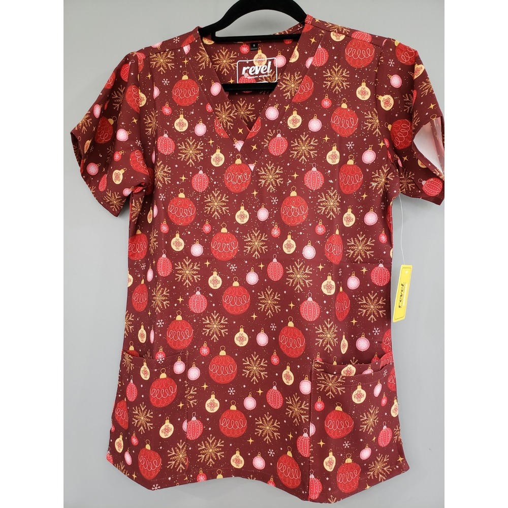 NEW Revel Premium Stretch Scrub‎ Top Size Small SPARKLY christmas ornaments